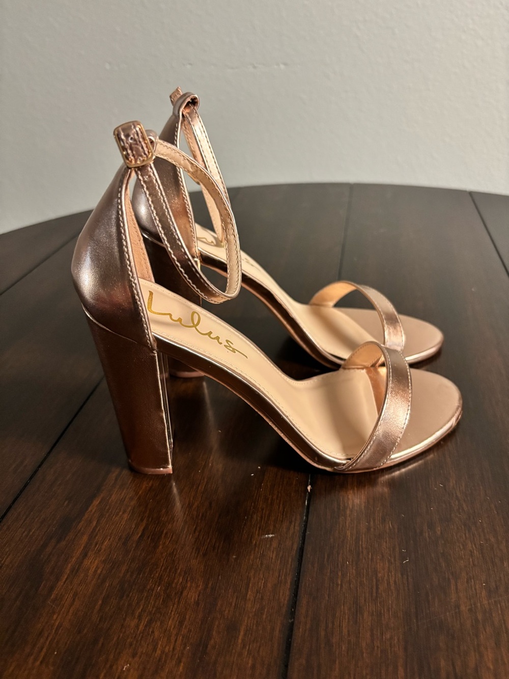 Lulu's Rose Gold Ankle Strap Block Heel Sandals 7.5